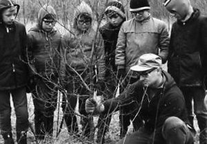 00-00-0000 Man pruning tree as group of boys observe. Photo by Robert Mills