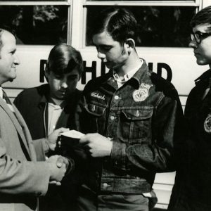 10-06-1971 Land judging winners LtoR Jim Bailey,Richard Newmeyer,Stewart Sherrick. William Wareham,1st Nat bank presenting cash awards.-Website