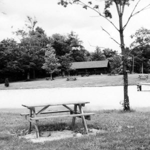 Pond with picnic tables around it and a shelter in background .Photo by Robert Mills