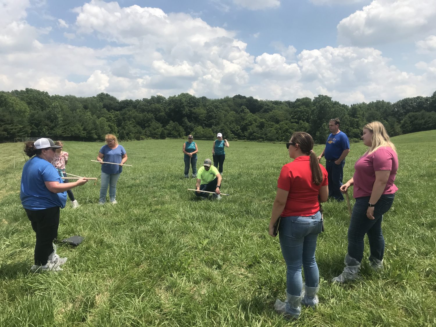 A group of adults gathered in a pasture learning how to use grazing sticks from an instructor