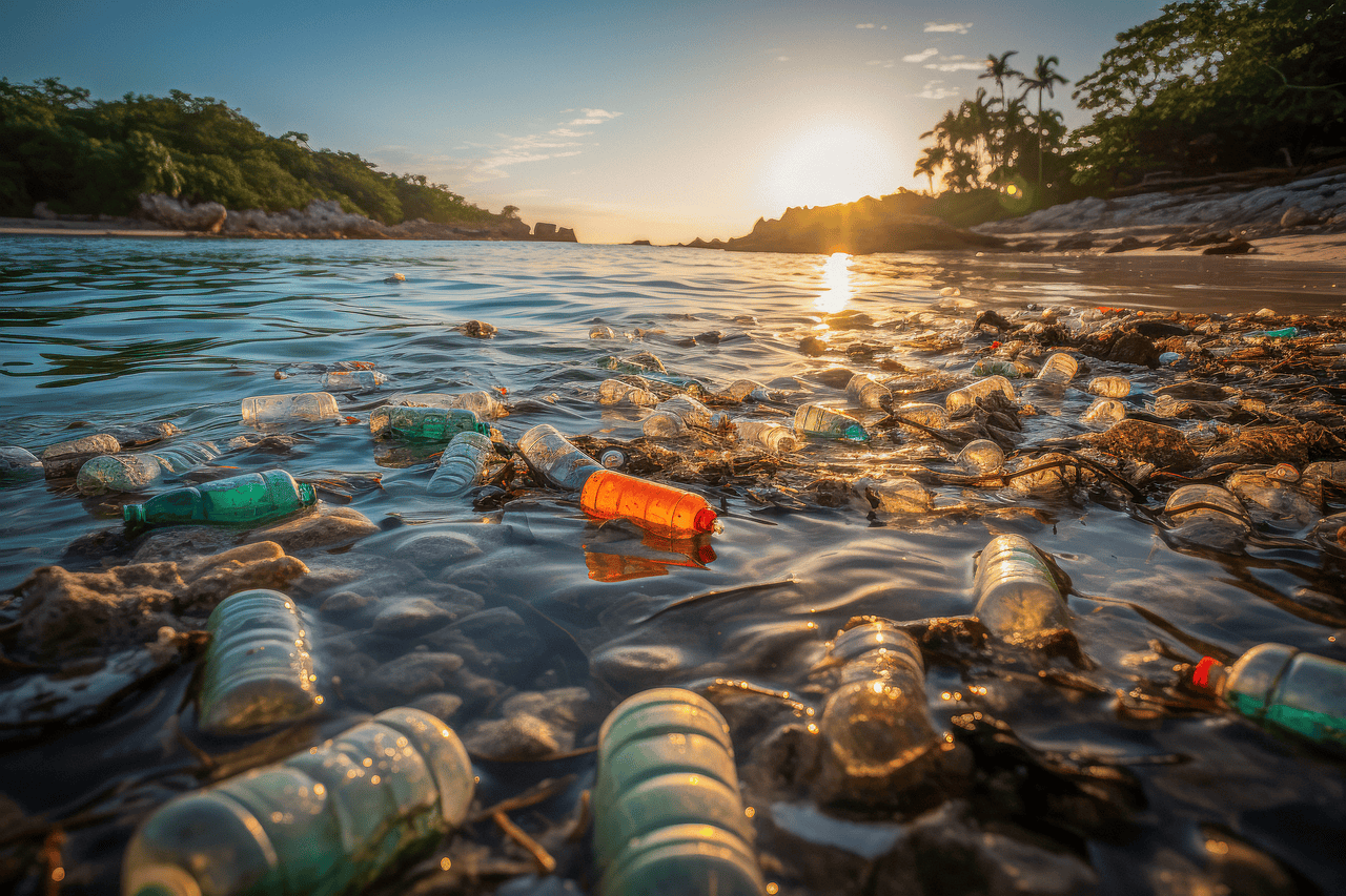 Plastic bottles, cans, and other litter floating in the ocean