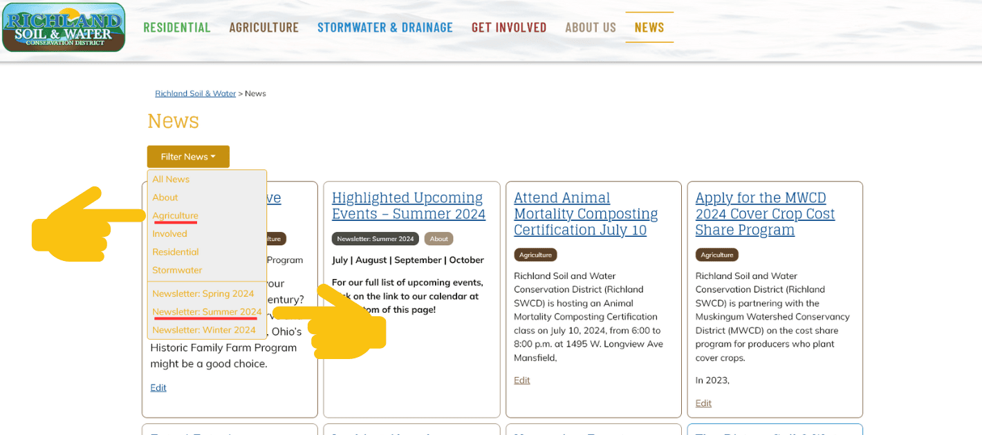 Screenshot of Richland SWCD website with a hand pointing to the filter news drop down menu. 
