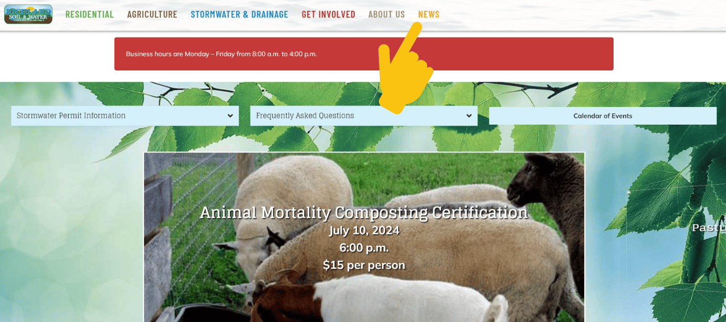 Screenshot of Richland SWCD website with a hand pointing to the news tab at the top of the page. 