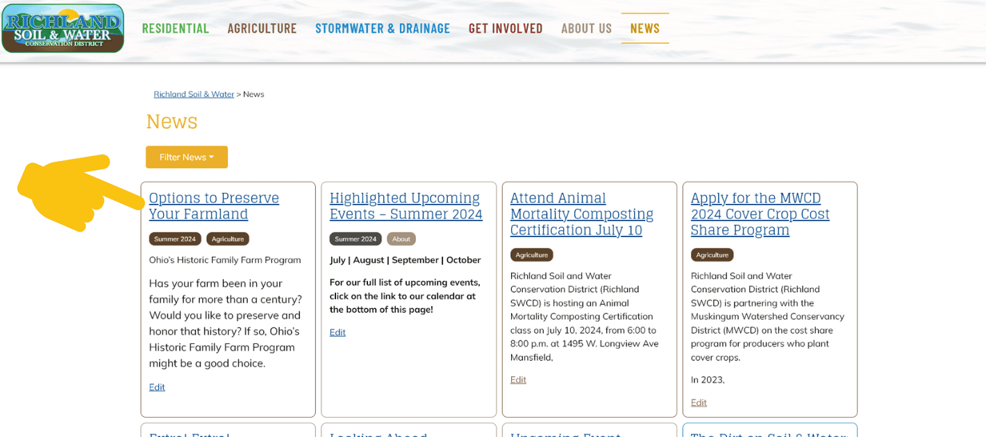 Screenshot of Richland SWCD website with a hand pointing to the most recent article. 
