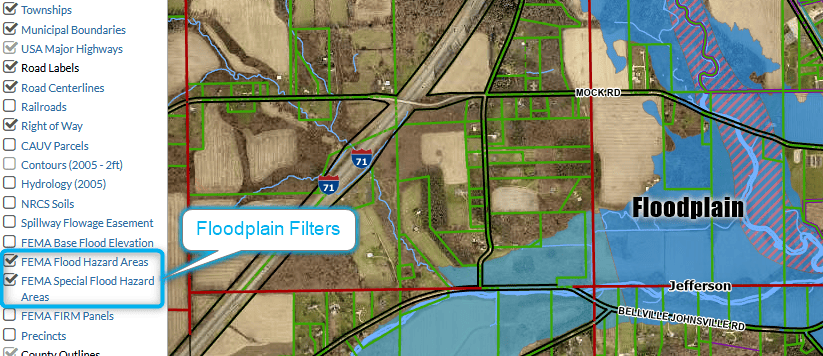 Map from the county auditor's site showing the floodplain filters in the table to the right of the map.