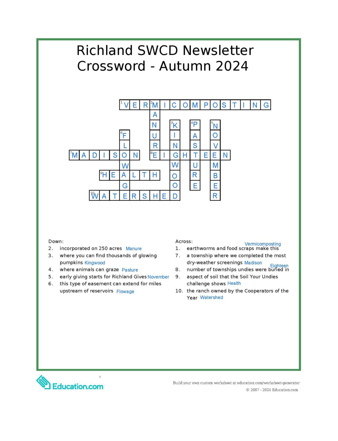 Crossword from autumn 2024 with the answers filled in