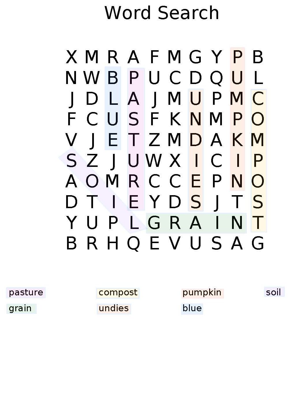 Word search from autumn 2024 with the solutions highlighted