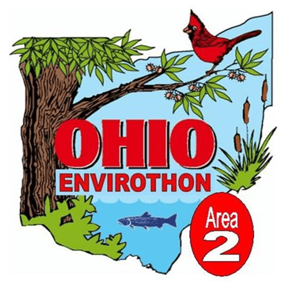 Envirothon logo. Ohio outline that reads "Ohio Envirothon Area 2" There's a cardinal sitting on a buckeye tree above the words
