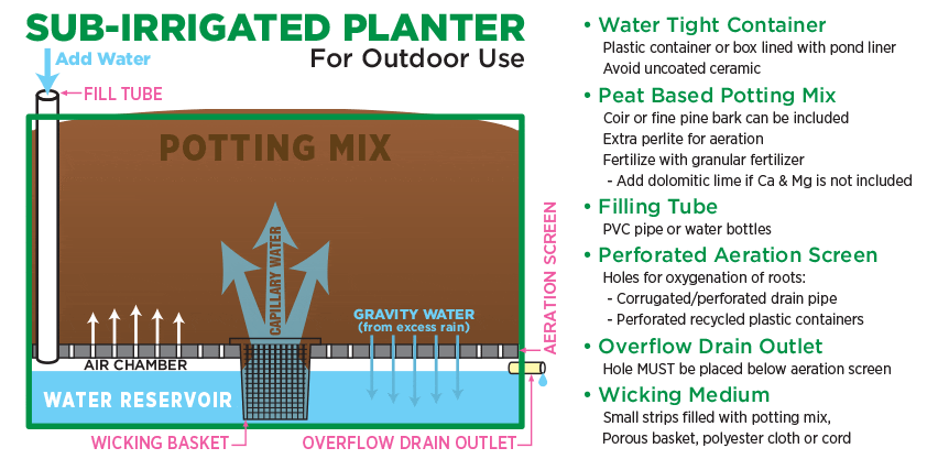 Diagram showing a sub irrigated planter for outdoor use.