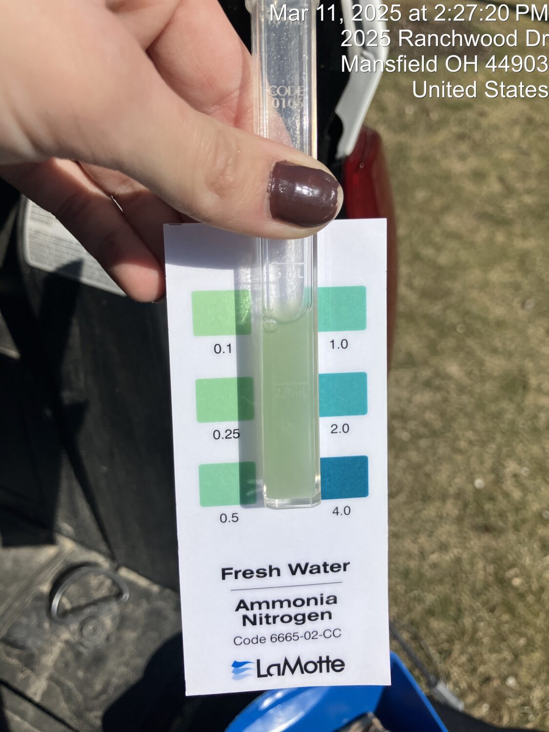 Fresh water ammonia nitrogen test from an outfall showing a low level of ammonia nitrogen