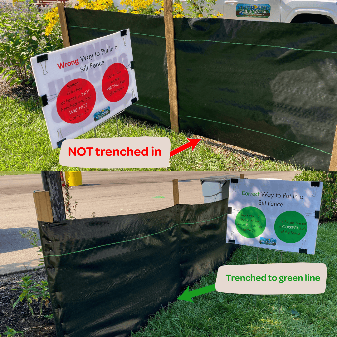 Comparison of two silt fences. The top photo is incorrectly installed by not being trenched in, The bottom silt fence is trenched in and the fence is properly secured to the stakes.