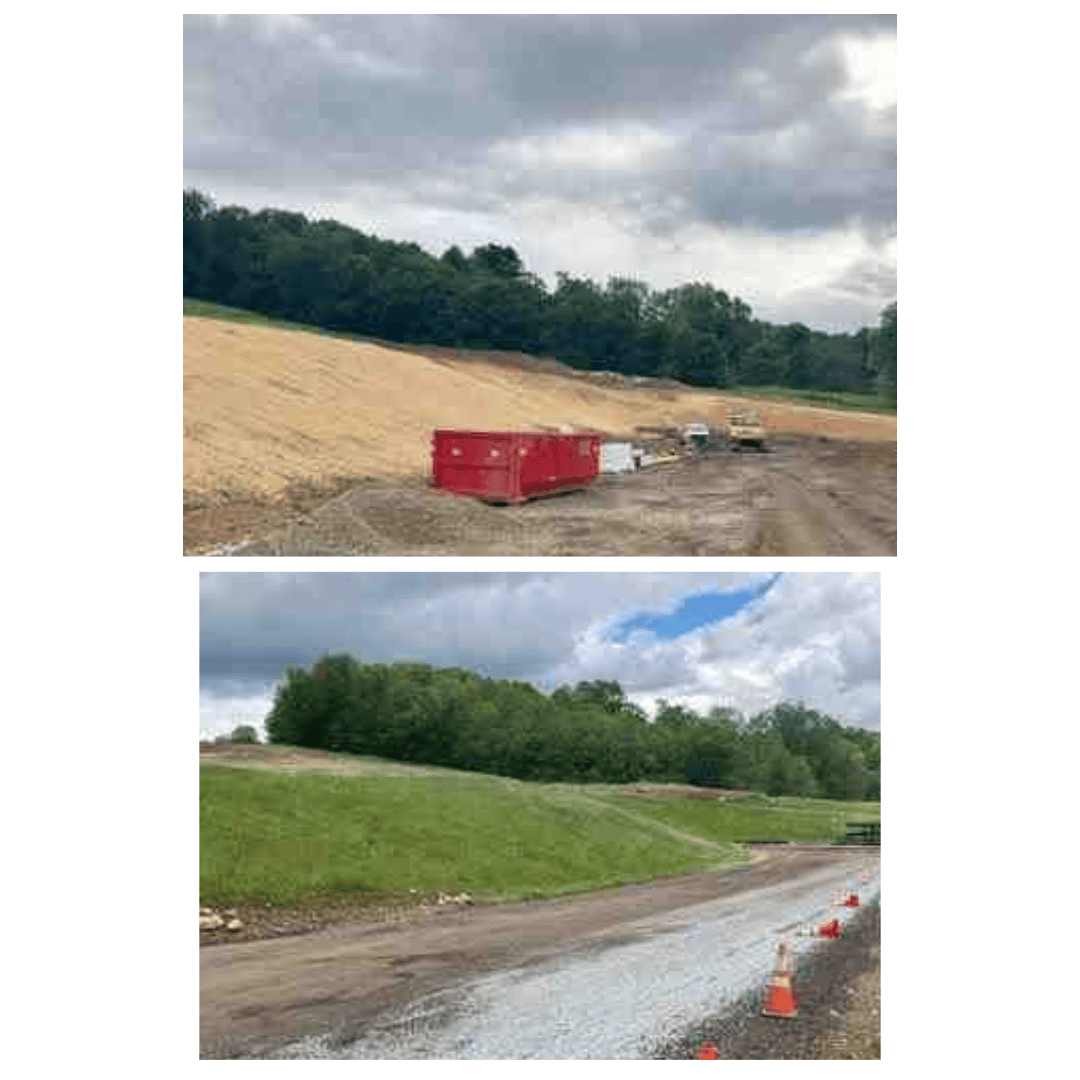The same slope several months apart. The top photo shows the hillside mulched. The bottom photo shows the same hillside densely vegetated.
