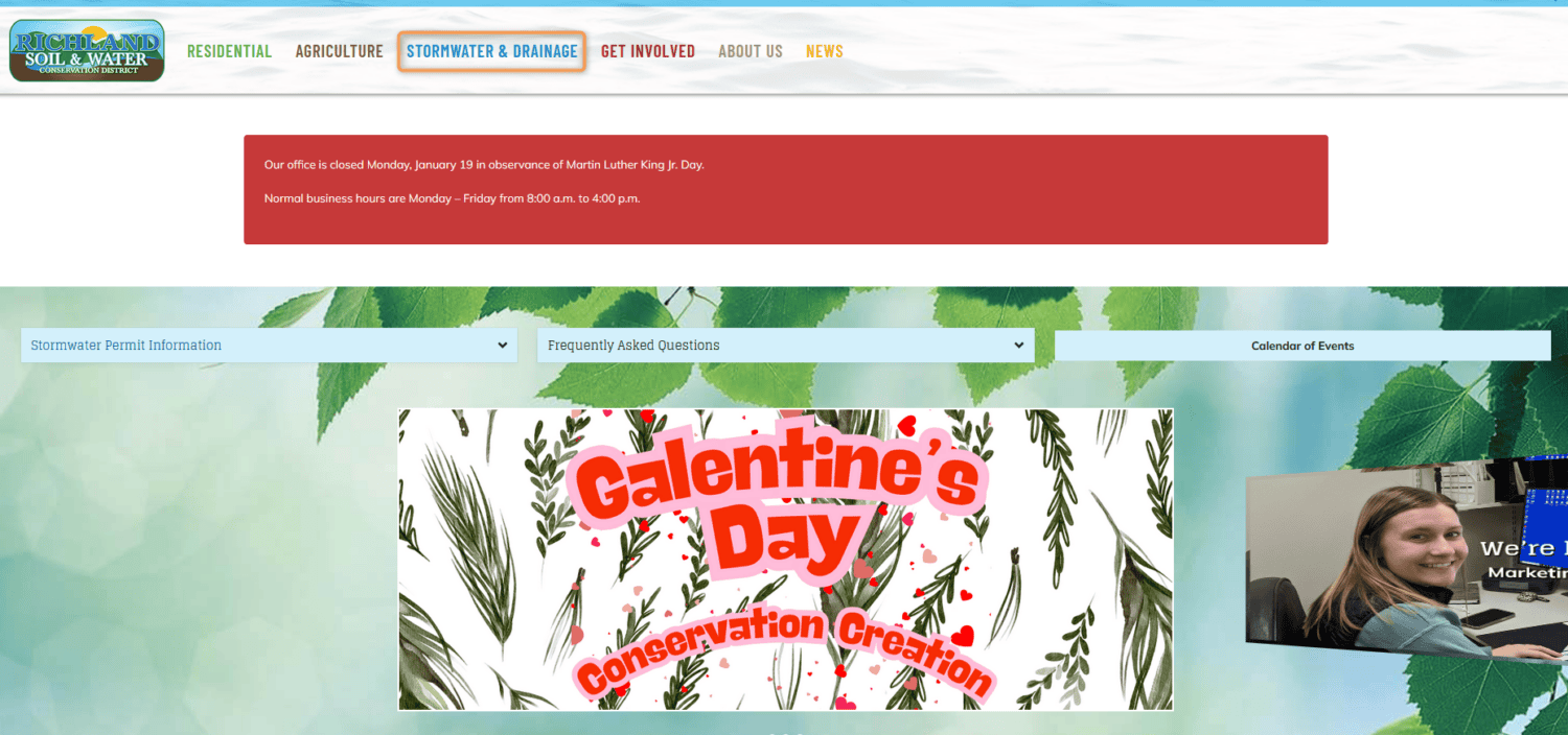 Screenshot of the RIchland SWCD homepage. The stormwater and drainage tab is outlined in orange.