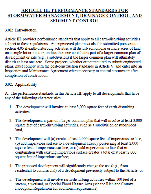 Screenshot of the applicability section of the Sediment and Erosion Control Regulations of Richland County. 