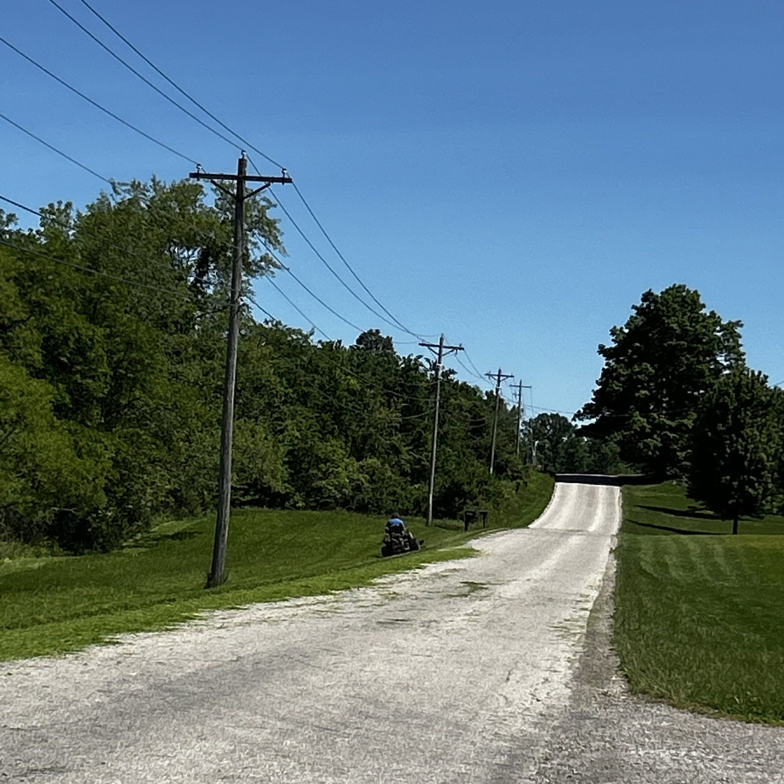 A country road surrounded by grass. There is a forest buffer to the right, There is a person on a mower blowing grass clippings into the road.
