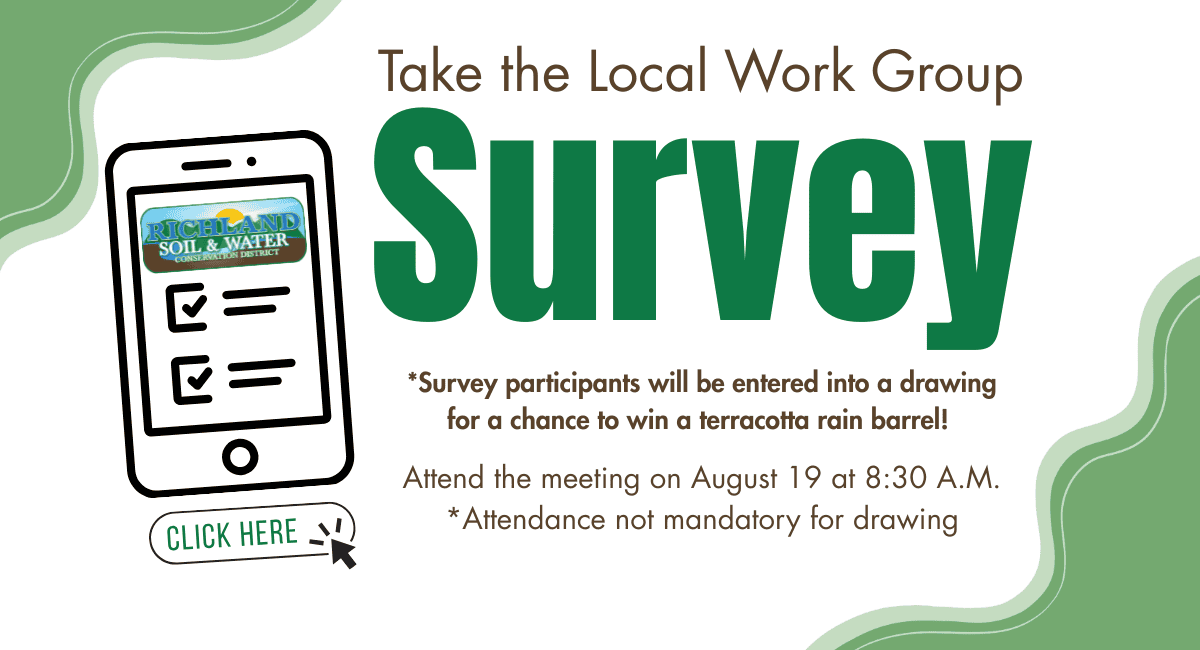 Graphic requesting users to click anywhere to take the local work group survey. Participants will be entered into a drawing for a chance to win a terracotta rain barrel. Attend the meetoing on August 19 at 8:30 AM.