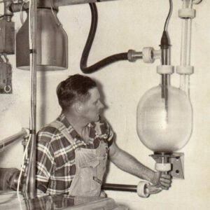 Producer inspecting a glass vessel in a milking parlor