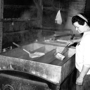 March 9, 1968 Mrs. Harry Benson at the Harry Benson maple sugar camp.