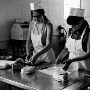 June 25, 1971 B&B Slaughter. Linda Shep and Kathy Rhodes wrapping meat at Emmett Bond’s Slaughter House.-835