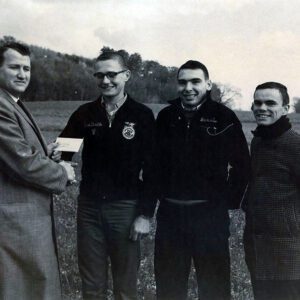 10_19_1964_L_R_Wm_Wareham_of_1st_Nat_Bank__Jim_Fulk__Dennis_Clawson__Jerry_Pfister_of_Crestview_School._Winners_of_L.J.contest_Website-5025